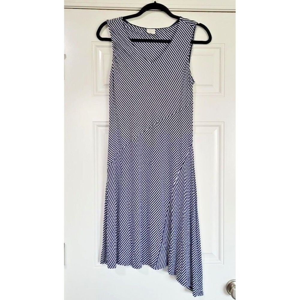 SOMA Size M Blue/White Striped Sleeveless Rayon Asymmetrical Hem Midi Dress